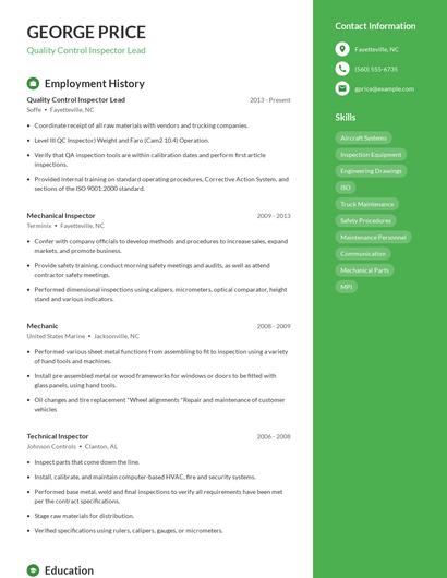 Quality Control Inspector Lead Resume
