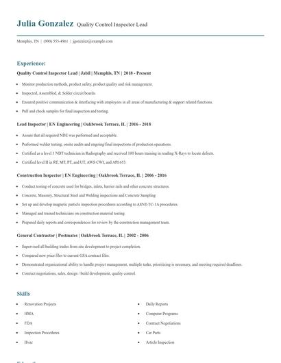 Quality Control Inspector Lead Resume