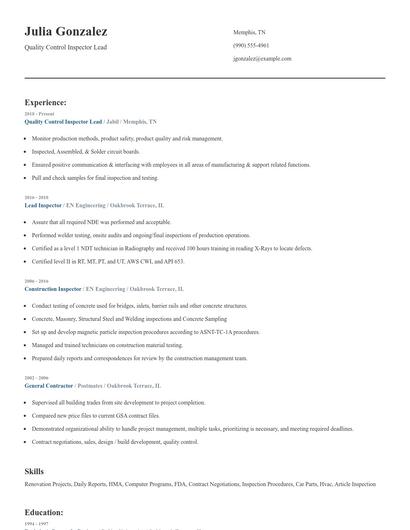 Quality Control Inspector Lead Resume
