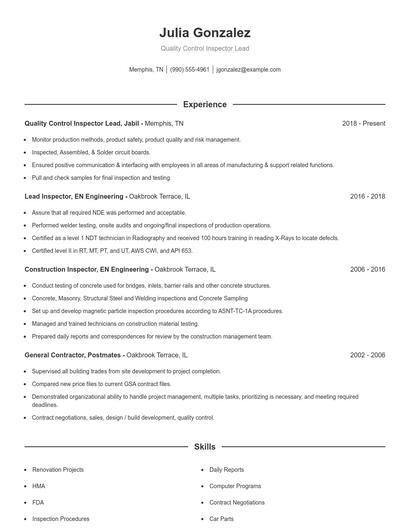 Quality Control Inspector Lead Resume