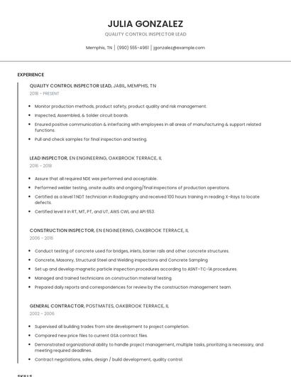 Quality Control Inspector Lead Resume