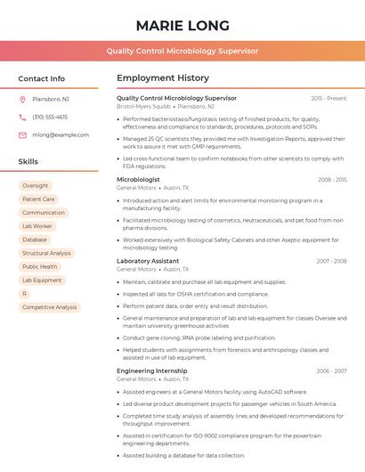 Quality Control Microbiology Supervisor Resume