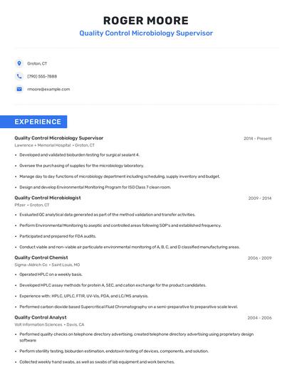 Quality Control Microbiology Supervisor Resume