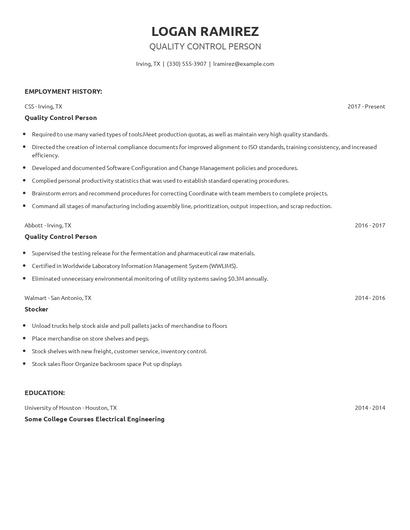 Quality Control Person Resume