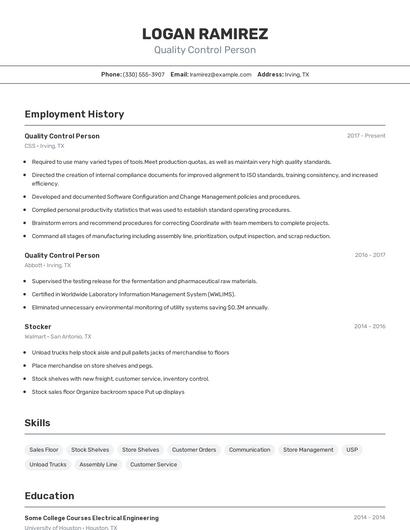 Quality Control Person Resume