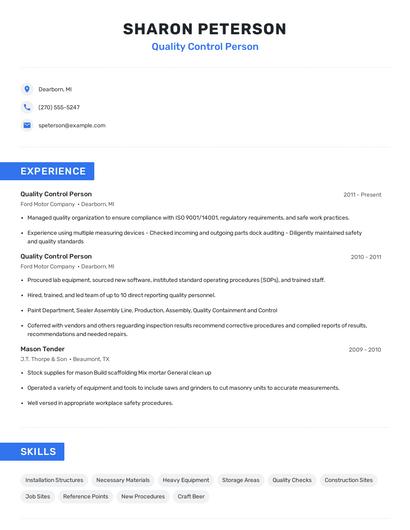 Quality Control Person Resume
