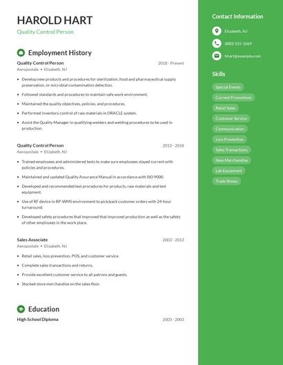 Quality Control Person Resume