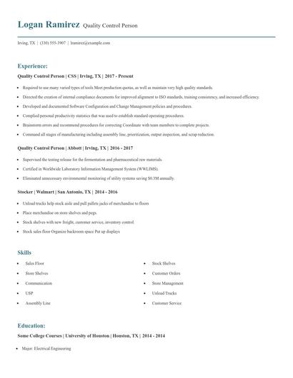 Quality Control Person Resume