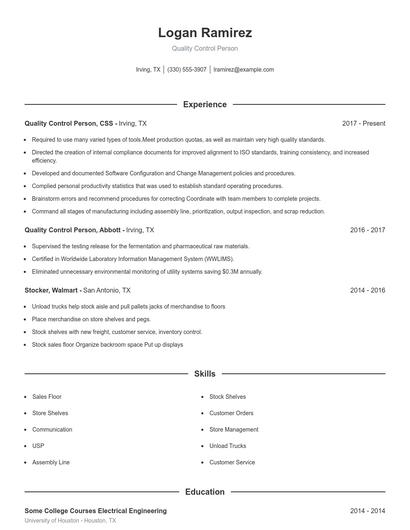 Quality Control Person Resume