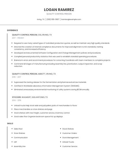 Quality Control Person Resume