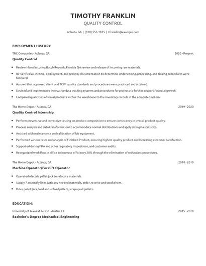 Quality Control Resume