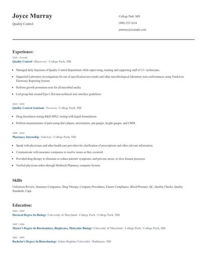 Quality Control Resume