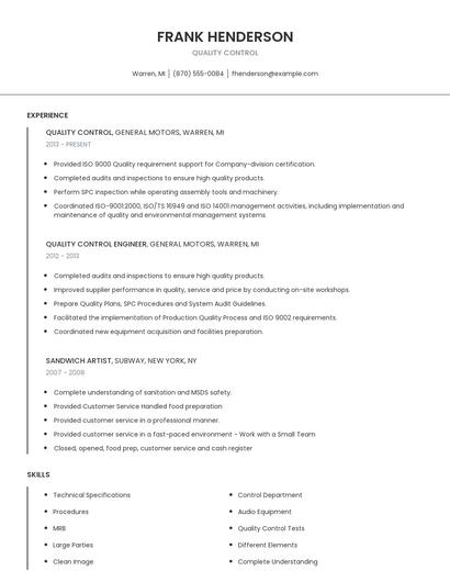 Quality Control Resume