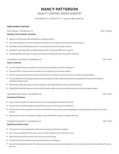 Quality Control Senior Scientist Resume