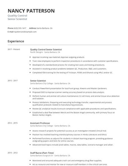 Quality Control Senior Scientist Resume
