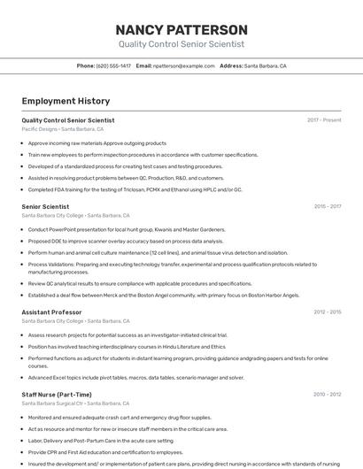 Quality Control Senior Scientist Resume