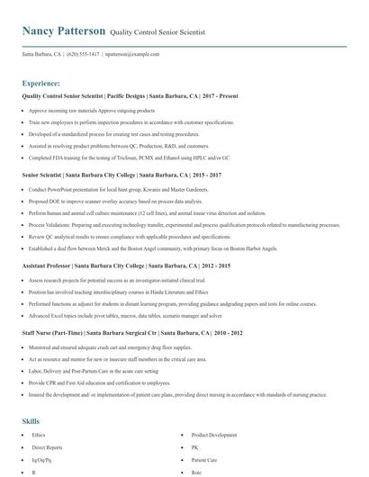 Quality Control Senior Scientist Resume