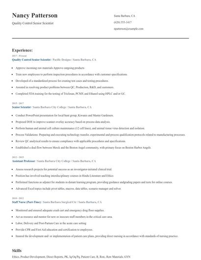 Quality Control Senior Scientist Resume