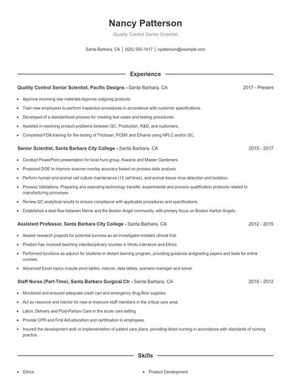 Quality Control Senior Scientist Resume