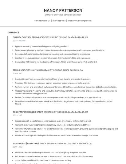 Quality Control Senior Scientist Resume