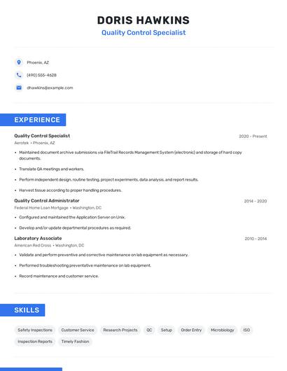 Quality Control Specialist Resume
