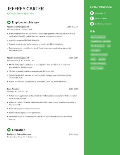Quality Control Specialist Resume