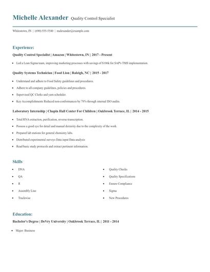 Quality Control Specialist Resume