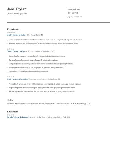 Quality Control Specialist Resume
