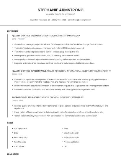 Quality Control Specialist Resume