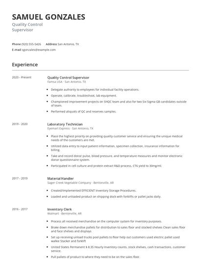 Quality Control Supervisor Resume
