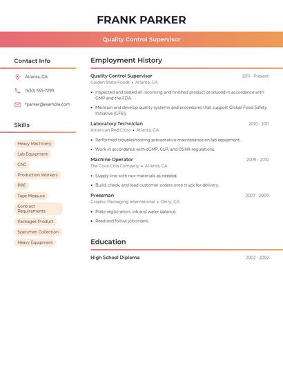 Quality Control Supervisor Resume