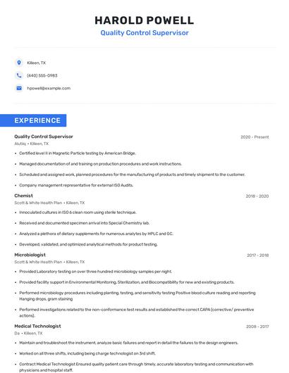 Quality Control Supervisor Resume