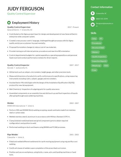 Quality Control Supervisor Resume