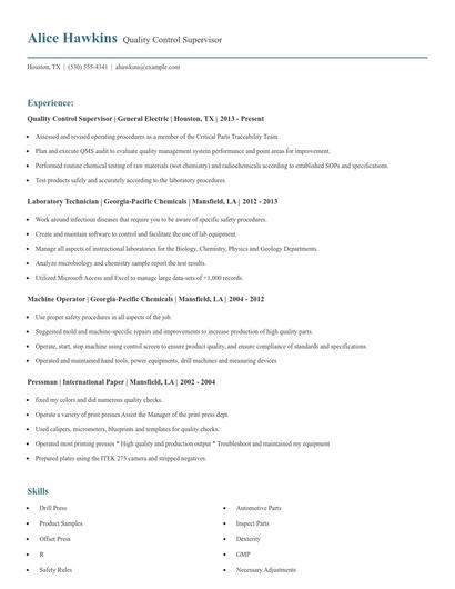 Quality Control Supervisor Resume