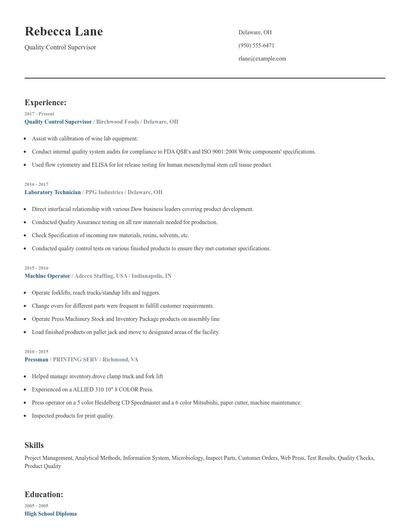 Quality Control Supervisor Resume