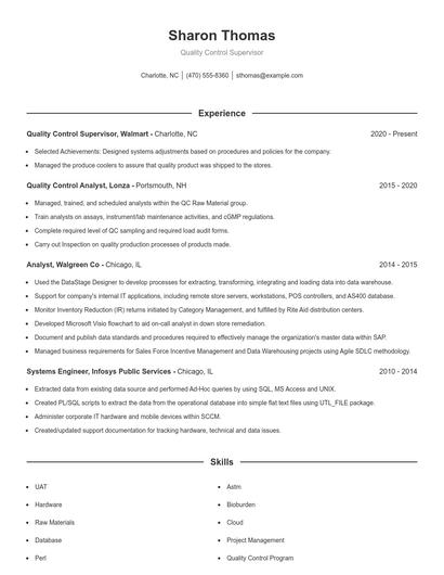 Quality Control Supervisor Resume