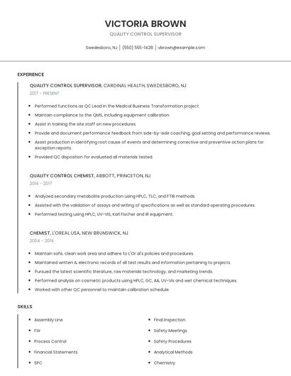Quality Control Supervisor Resume