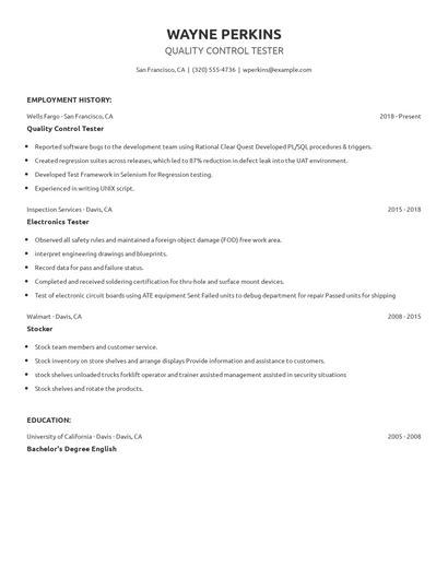 Quality Control Tester Resume