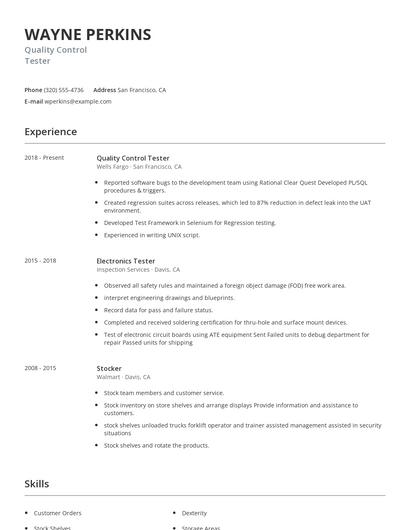 Quality Control Tester Resume
