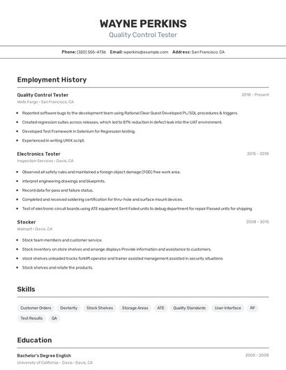 Quality Control Tester Resume
