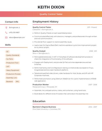 Quality Control Tester Resume