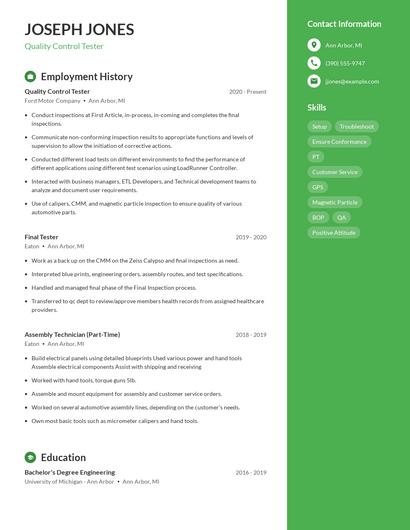Quality Control Tester Resume