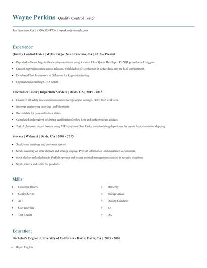 Quality Control Tester Resume