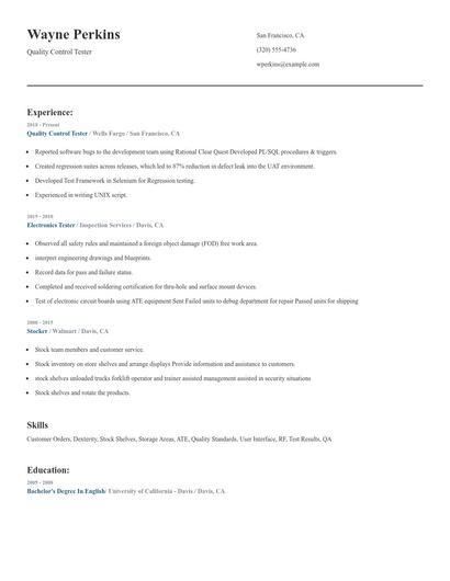 Quality Control Tester Resume