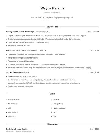 Quality Control Tester Resume
