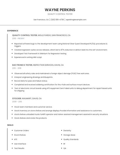 Quality Control Tester Resume