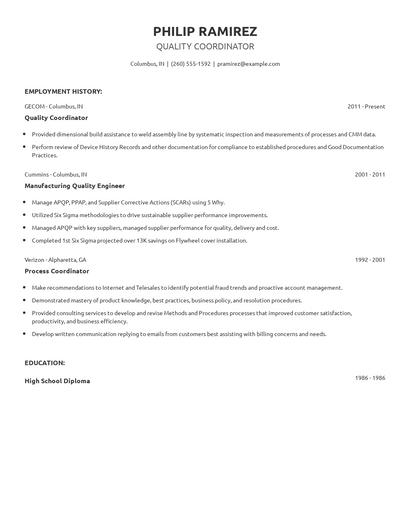 Quality Coordinator Resume