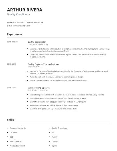 Quality Coordinator Resume