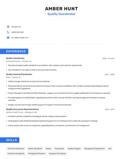 Quality Coordinator Resume