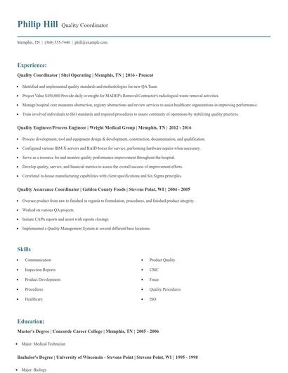 Quality Coordinator Resume